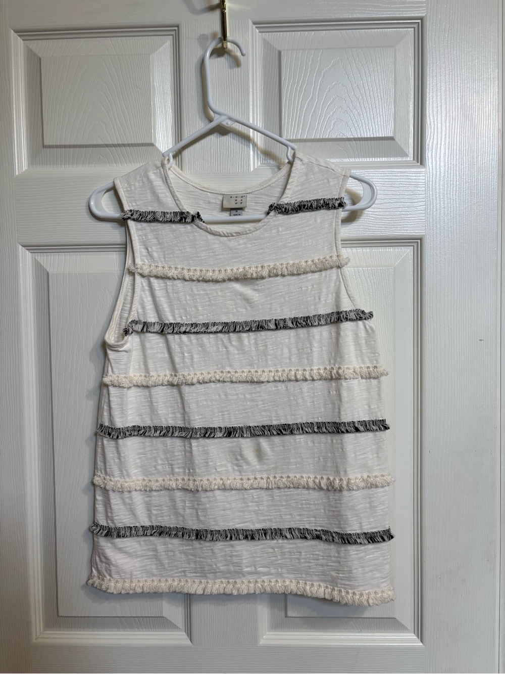 a new day White Tank Top with Black and Cream Fringe Stripes